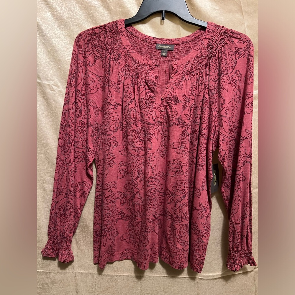 STYLE & CO (Macy’s) Floral Print Knit Long Sleeve Top, smocked neckline & cuffs